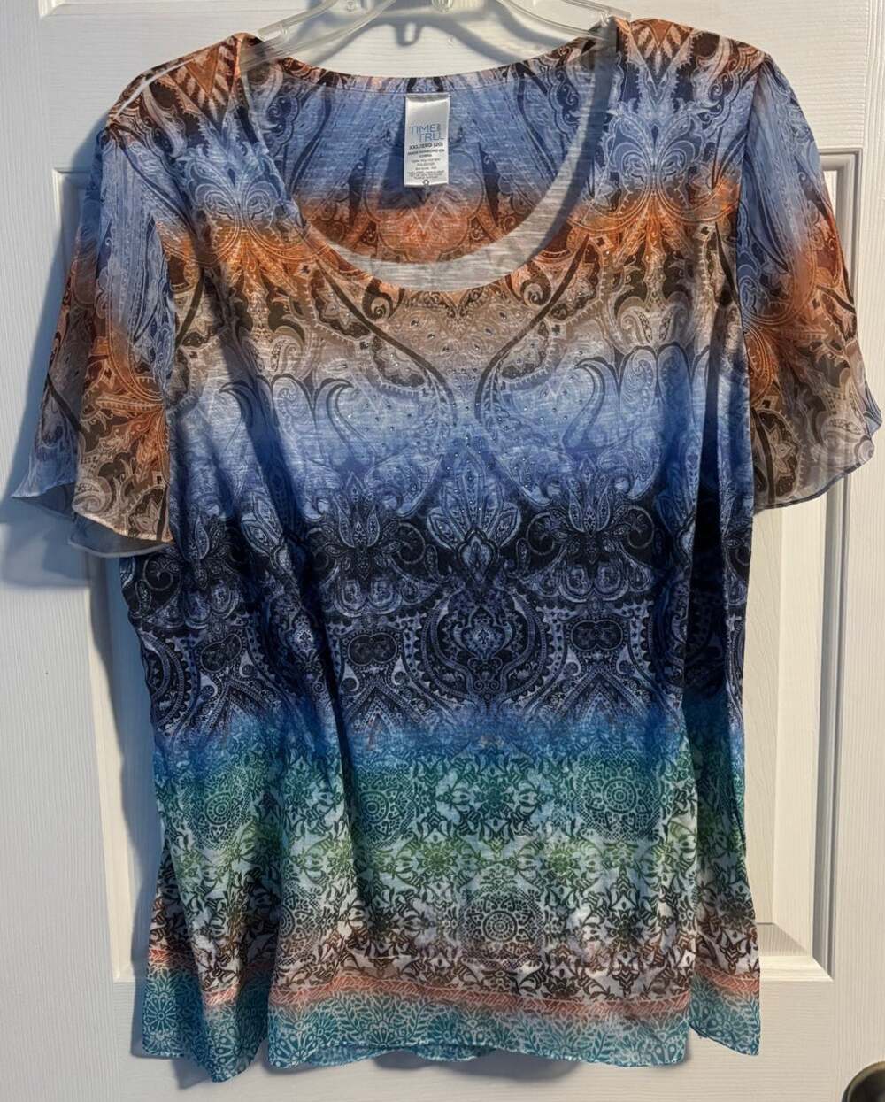 Time and Tru Blouse Womens XXL 20 Blue Orange Ombre Paisley Flutter Sleeve Top